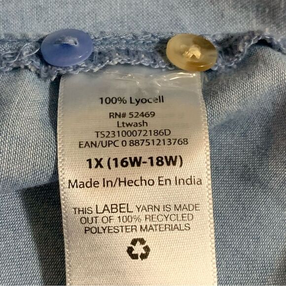 Terra & Sky Pintuck Camp Shirt Sleeveless Button Shirt Women’s Blue 1X 16W/18W. - Picture 10 of 13